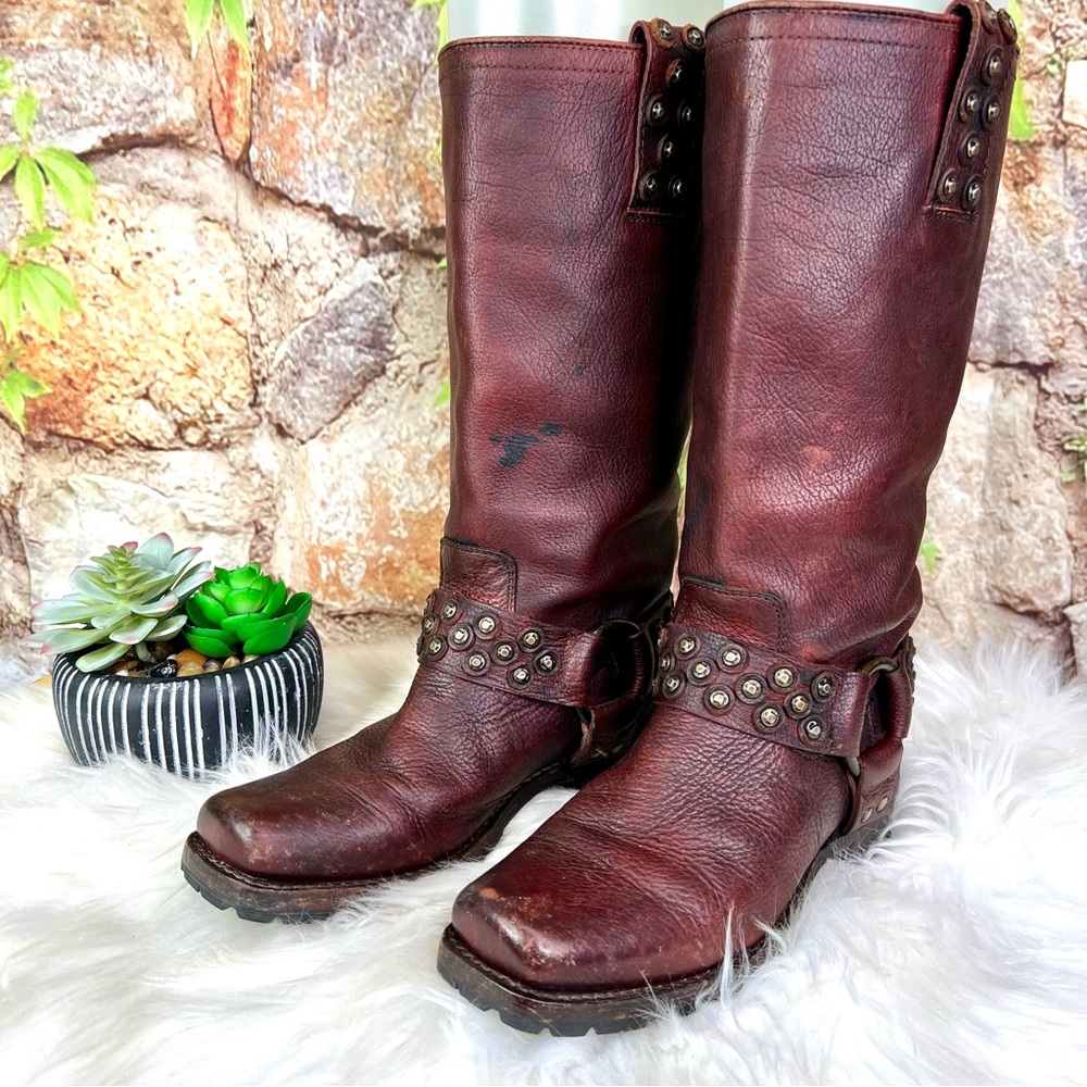 FRYE Heath Disc Harness Distressed Cognac Leather Boots, Beautiful Patina, 6B - Picture 4 of 16